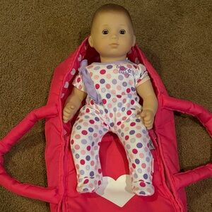 American Girl Bitty Baby doll w/ polkadot outfit and Lil Rose carrier.